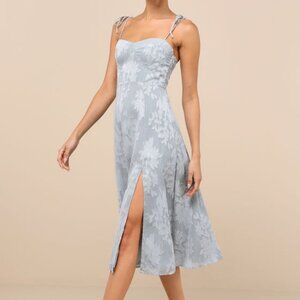 Lulus Loveliest Looks Dusty Blue Floral Jacquard Tie-strap Midi Dress - Size S